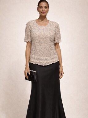 David’s Bridal Beaded Lace Blouse Champagne Short Sleeve Floral Mesh Size 22W